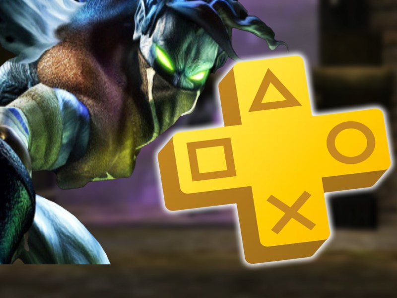 Screenshot aus Legacy of Kain: Defiance. Im Vordergrund ist der Charakter Raziel zu sehen. Außerdem das Logo von PlayStation Plus.