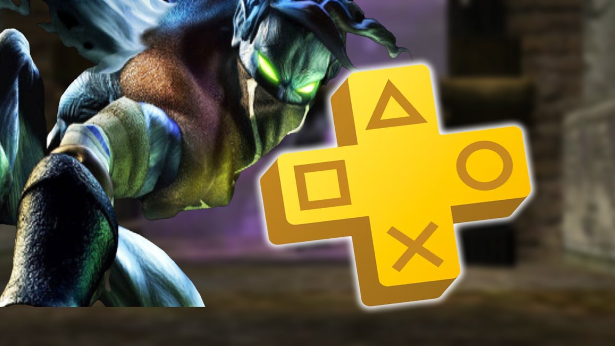 Screenshot aus Legacy of Kain: Defiance. Im Vordergrund ist der Charakter Raziel zu sehen. Außerdem das Logo von PlayStation Plus.