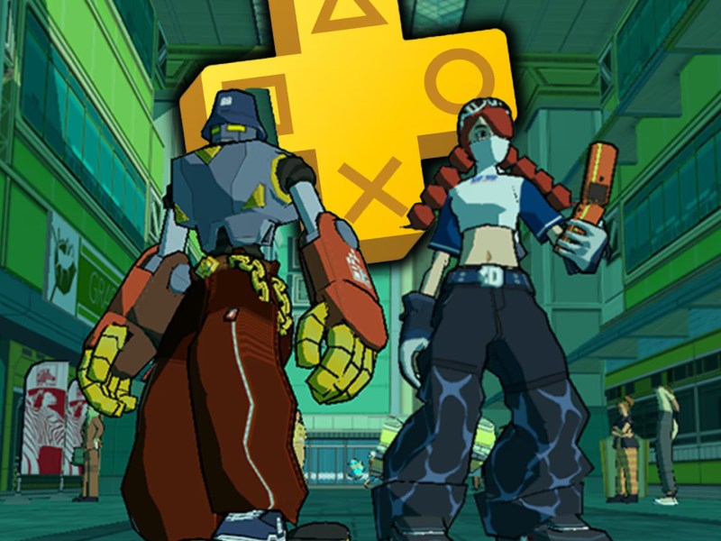 Screenshot aus Bomb Rush Cyberfunk. Im Hintergrund ist das PS Plus Logo zu sehen.