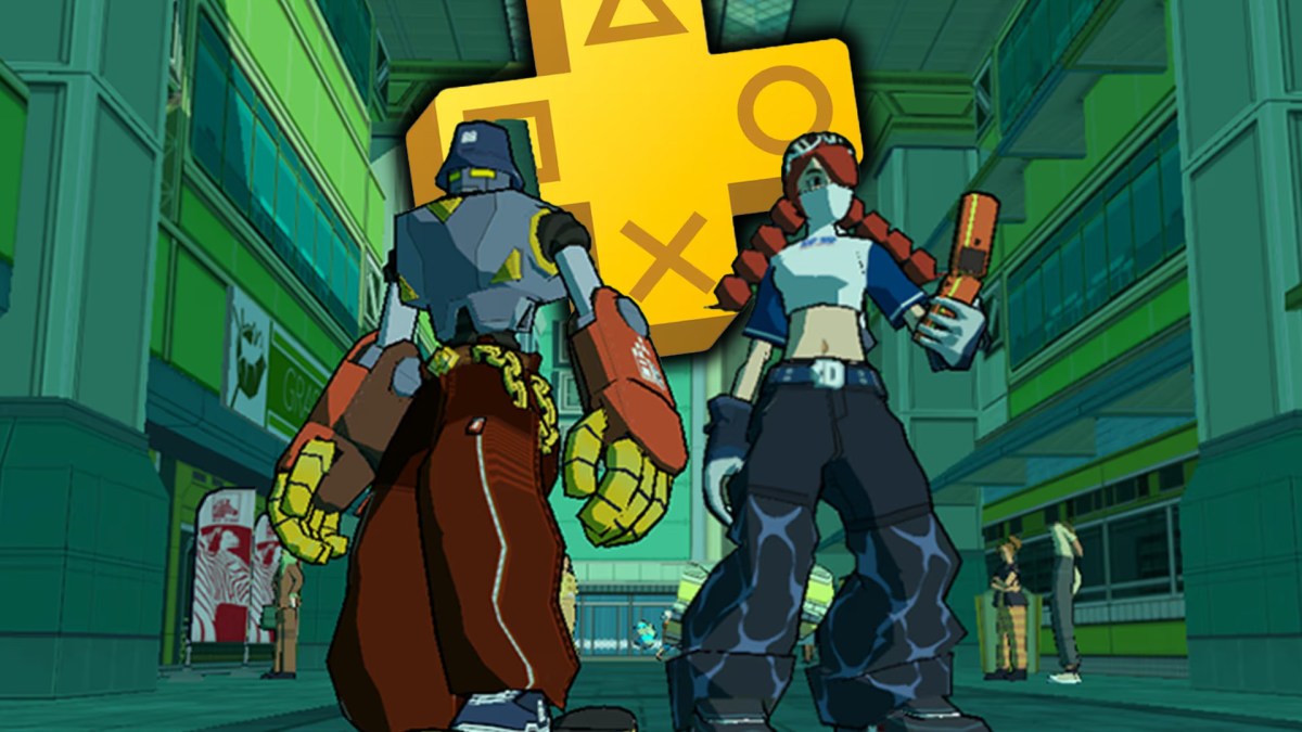 Screenshot aus Bomb Rush Cyberfunk. Im Hintergrund ist das PS Plus Logo zu sehen.