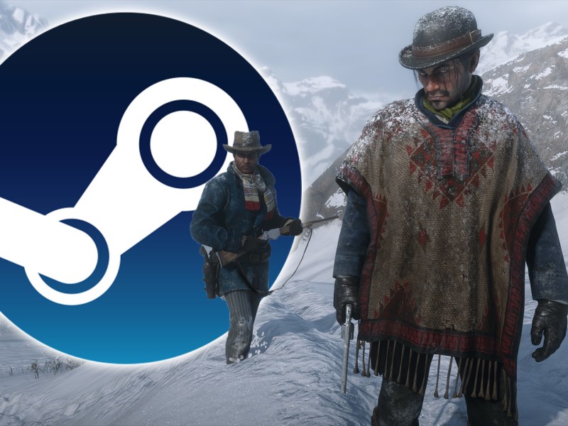 Ein Screenshot von Red Dead Redemption 2 mit dem Steam Logo darauf.