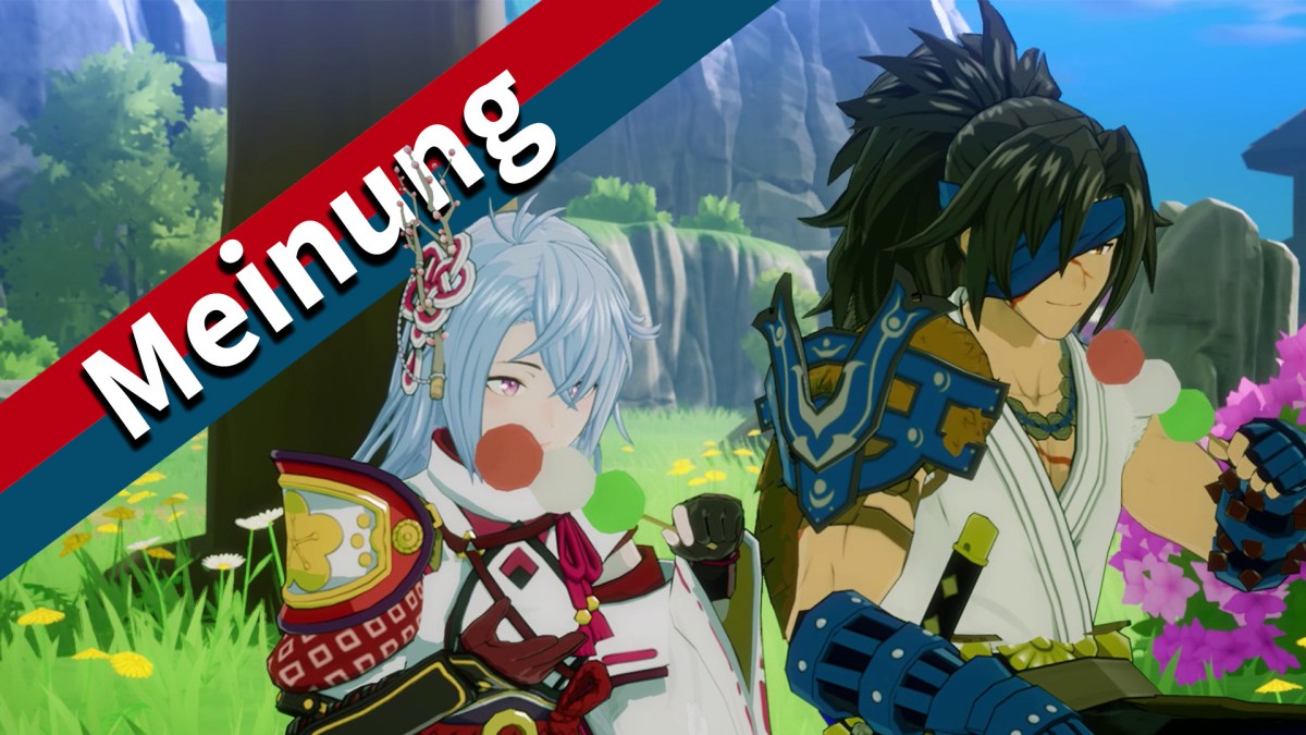 Screenshot aus Rune Factory: Guardians of Azuma mit zwei Charakteren, die Dango essen und dem Schriftzug