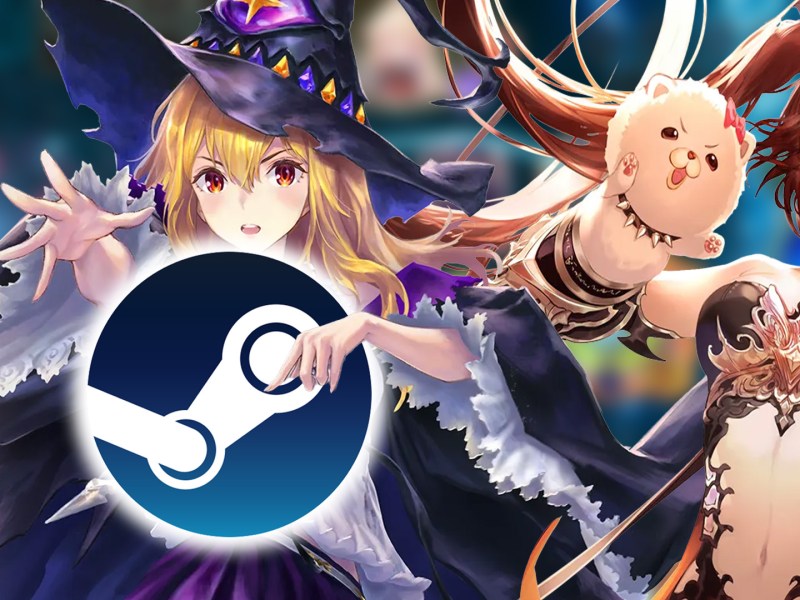 Screenshot aus Shadowverse: Worlds Beyond. Zwei Charaktere aus dem Spiel sind zu sehen. Dazu das Logo von Steam.