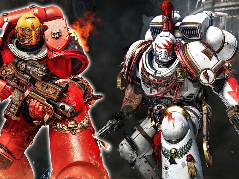 Eine Collage von Space Marine 2-Charakteren.