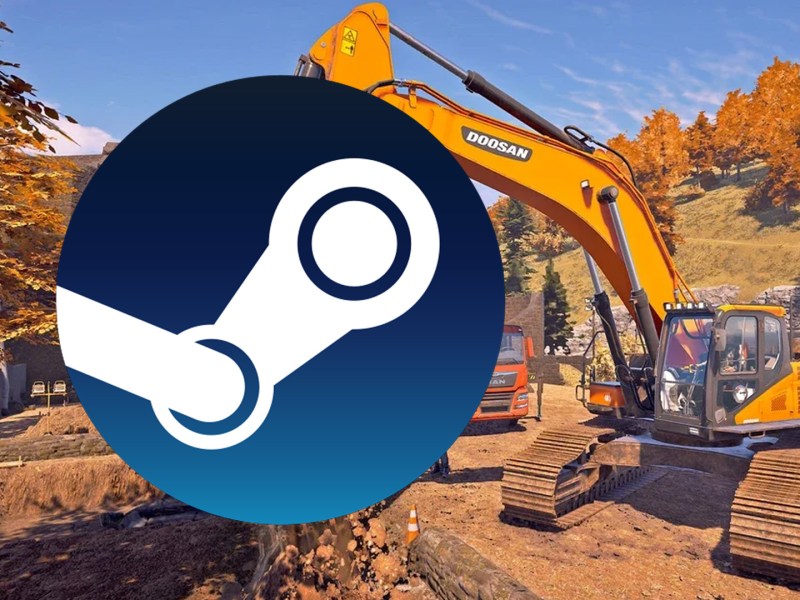 Screenshot aus dem Bau-Simulator mit dem Steam-Logo