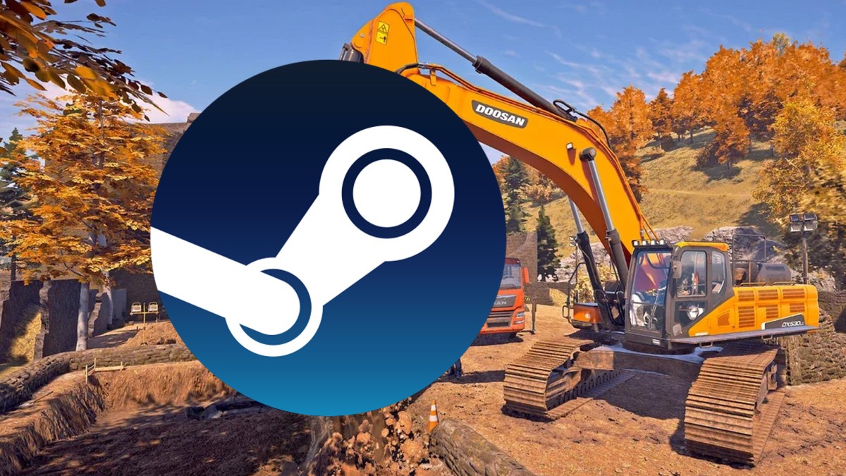 Screenshot aus dem Bau-Simulator mit dem Steam-Logo