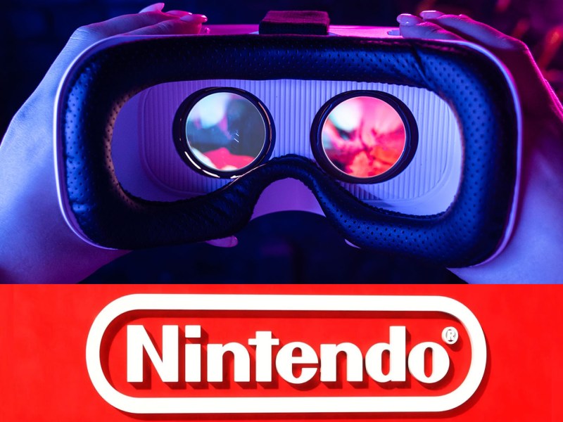 Bild eines VR-Headsets, darunter das Logo von Nintendo
