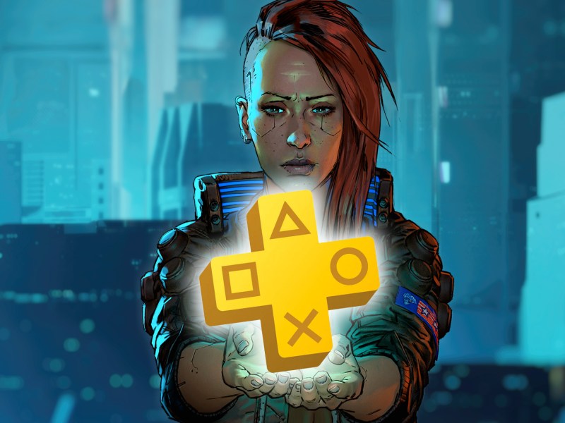 Artwork von Cyberpunk 2077. V hält das PS Plus Logo in den Händen.