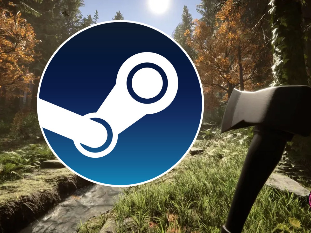 Screenshot aus Sons of The Forest mit dem Steam-Logo