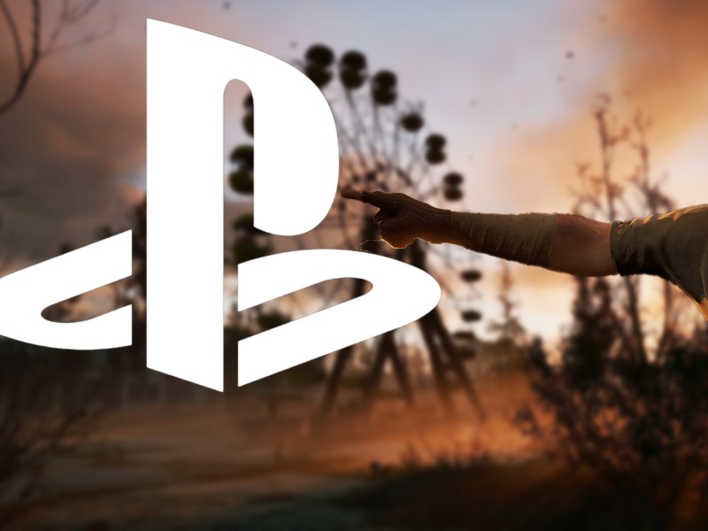Screenshot aus Stalker 2. Im Vordergrund zeigt eine Figur auf das Logo von PlayStation.